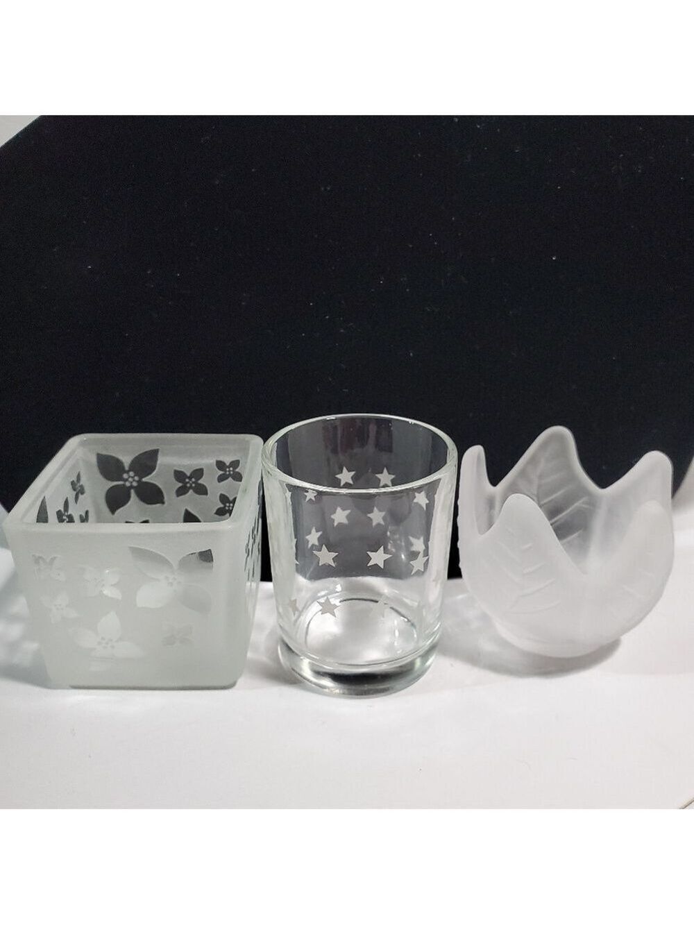 Partylite 3 glass tealight votive candle holders Tulip stars flowers